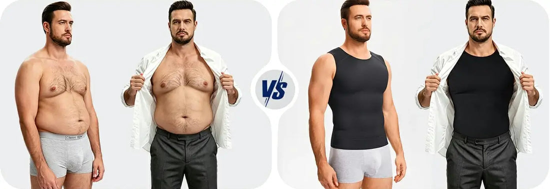 Side-by-side comparison: loose belly skin in dress shirt without vs with men's compression undershirt. Temporary visual smoothing only.