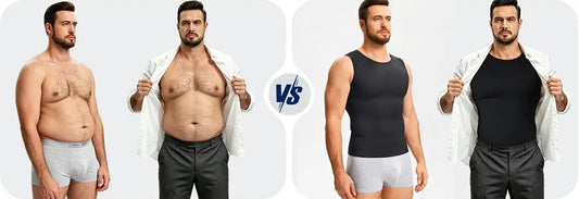 Side-by-side comparison: loose belly skin in dress shirt without vs with men's compression undershirt. Temporary visual smoothing only.