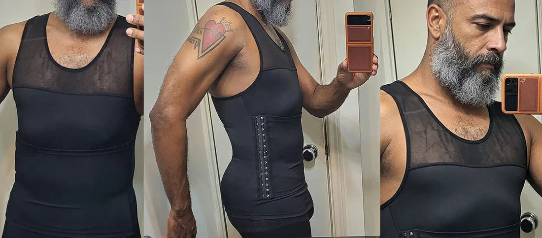 Three-angle collage of men's hook-adjustable compression vest for post-bariatric loose skin support. Temporary visual results only.