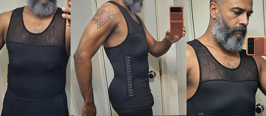 Three-angle collage of men's hook-adjustable compression vest for post-bariatric loose skin support. Temporary visual results only.