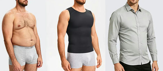 3-panel comparison: loose belly skin smoothed by men's compression tank under everyday clothing. Temporary results only.