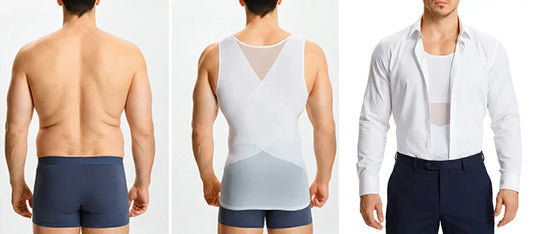 Back view 3-panel comparison: loose back fat smoothed by men's compression tank for big and tall builds, under dress shirt. Temporary results only.