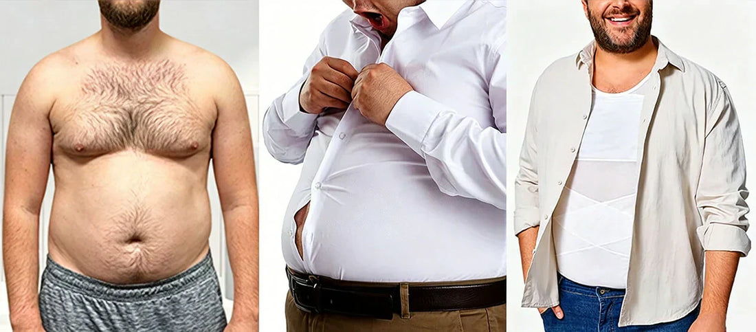 Three-panel comparison: loose skin after weight loss, tight dress shirt gap, and smoothing from men's compression undershirt. Temporary results only.