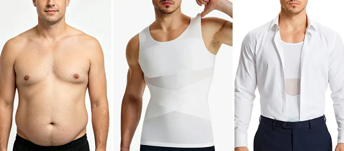 3-panel comparison: loose belly skin smoothed by men's compression vest under fitted t-shirt. Temporary results only.