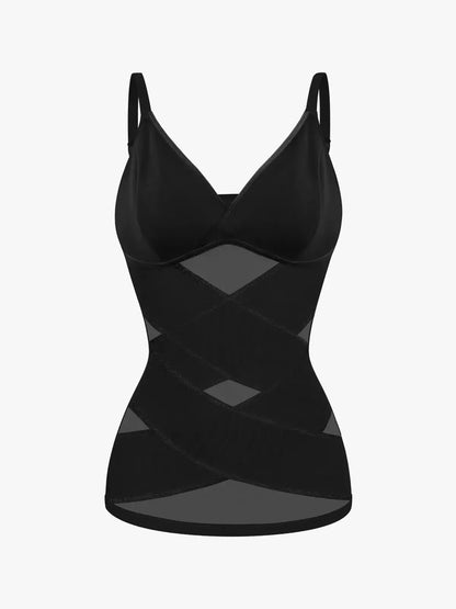 Women's V Neck Mesh Shapewear Tank Built-in Bra Tummy Control