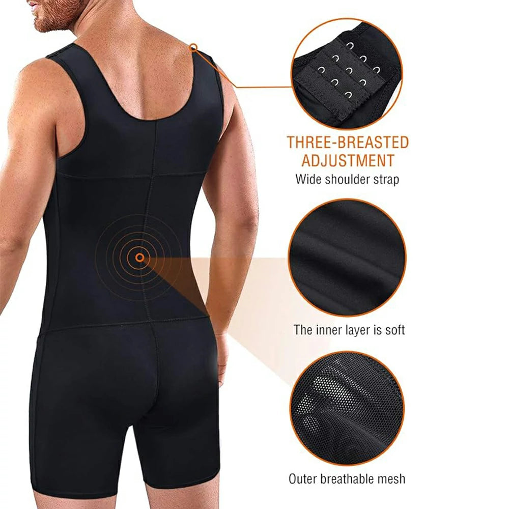 Men's Full Body Shaper Bodysuit with 4-Level Hooks
