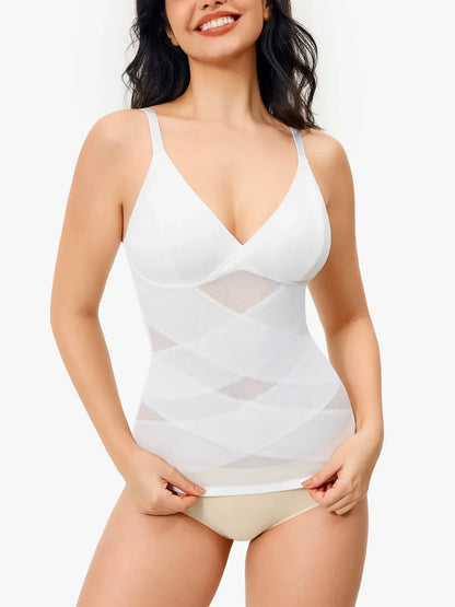 Women's V Neck Mesh Shapewear Tank Built-in Bra Tummy Control