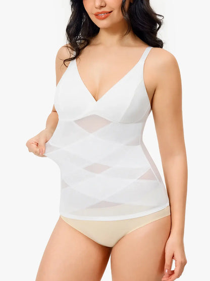 Women's V Neck Mesh Shapewear Tank Built-in Bra Tummy Control