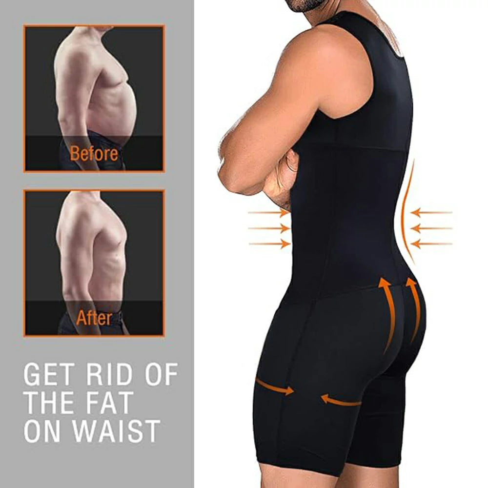 Men's Full Body Shaper Bodysuit with 4-Level Hooks