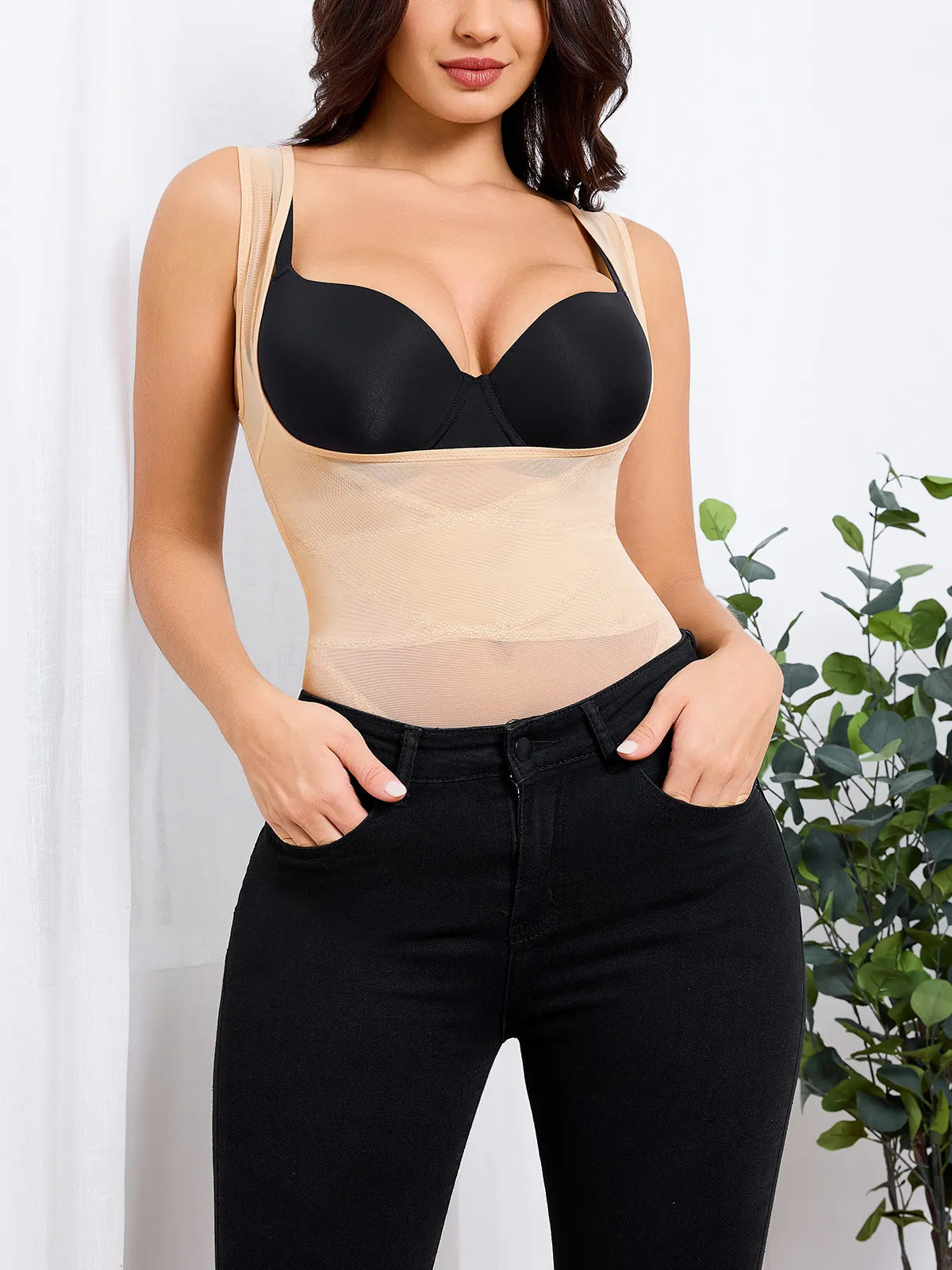Women's Mesh U-Shape Open Bust Bodysuit Tummy Control