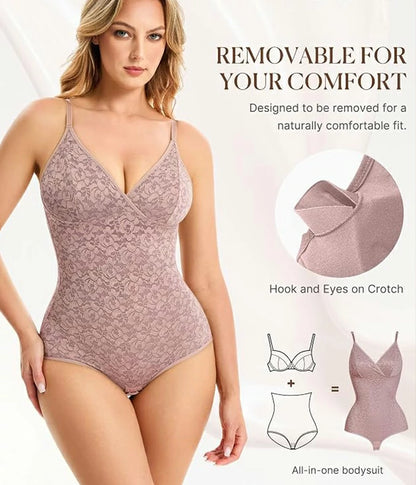 Women's Lace V-Neck Bodysuit Tummy Control Shapewear
