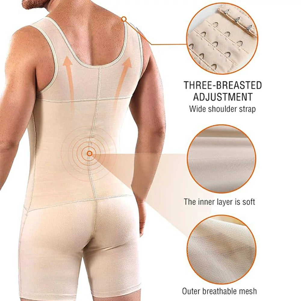 Men's Full Body Shaper Bodysuit with 4-Level Hooks