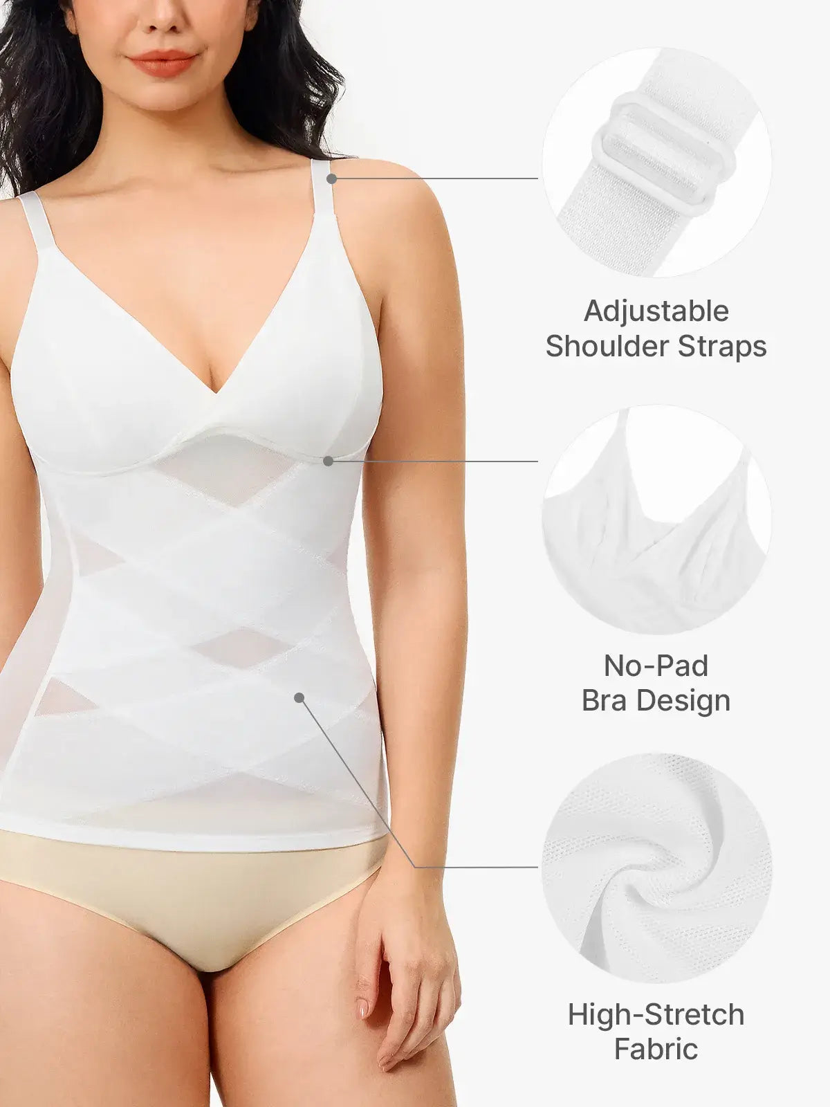 Women's V Neck Mesh Shapewear Tank Built-in Bra Tummy Control