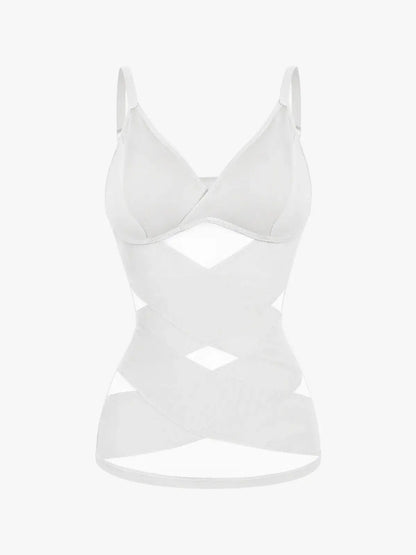 Women's V Neck Mesh Shapewear Tank Built-in Bra Tummy Control