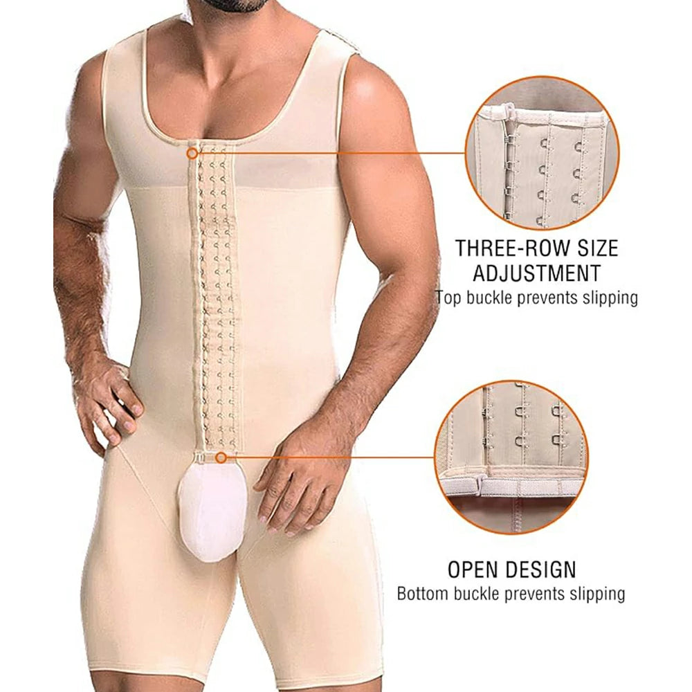 Men's Full Body Shaper Bodysuit with 4-Level Hooks