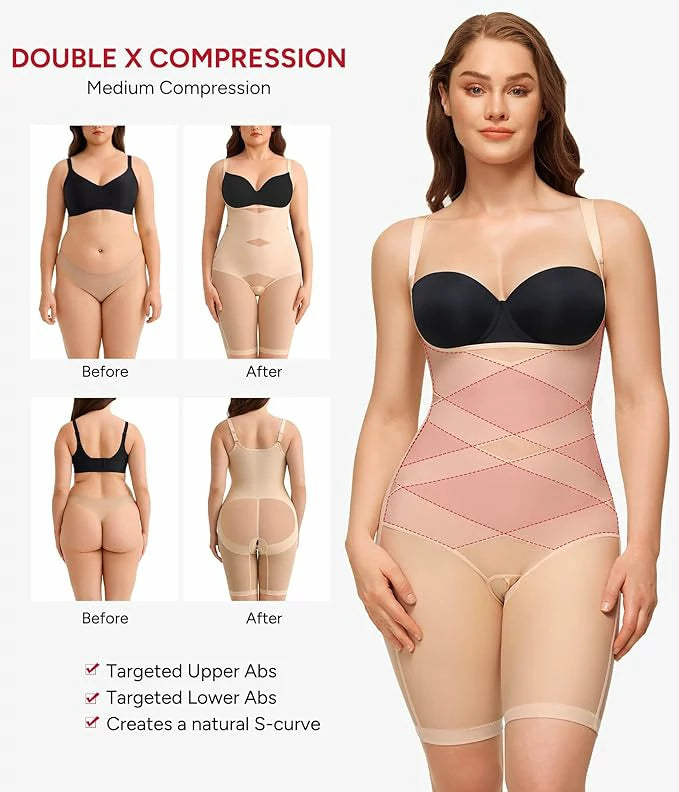 Women's Open Bust Double Compression Bodysuit Tummy Control