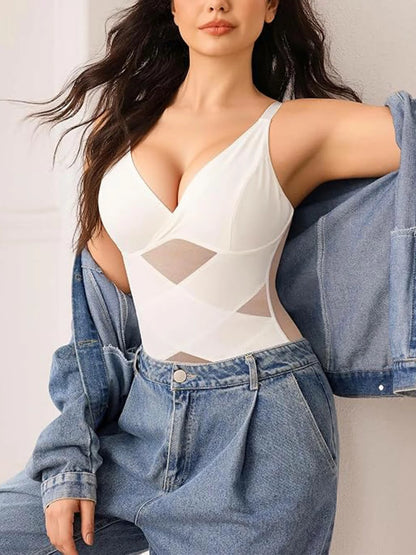Women's V Neck Mesh Shapewear Tank Built-in Bra Tummy Control
