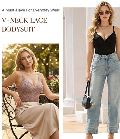Women's Lace V-Neck Bodysuit Tummy Control Shapewear