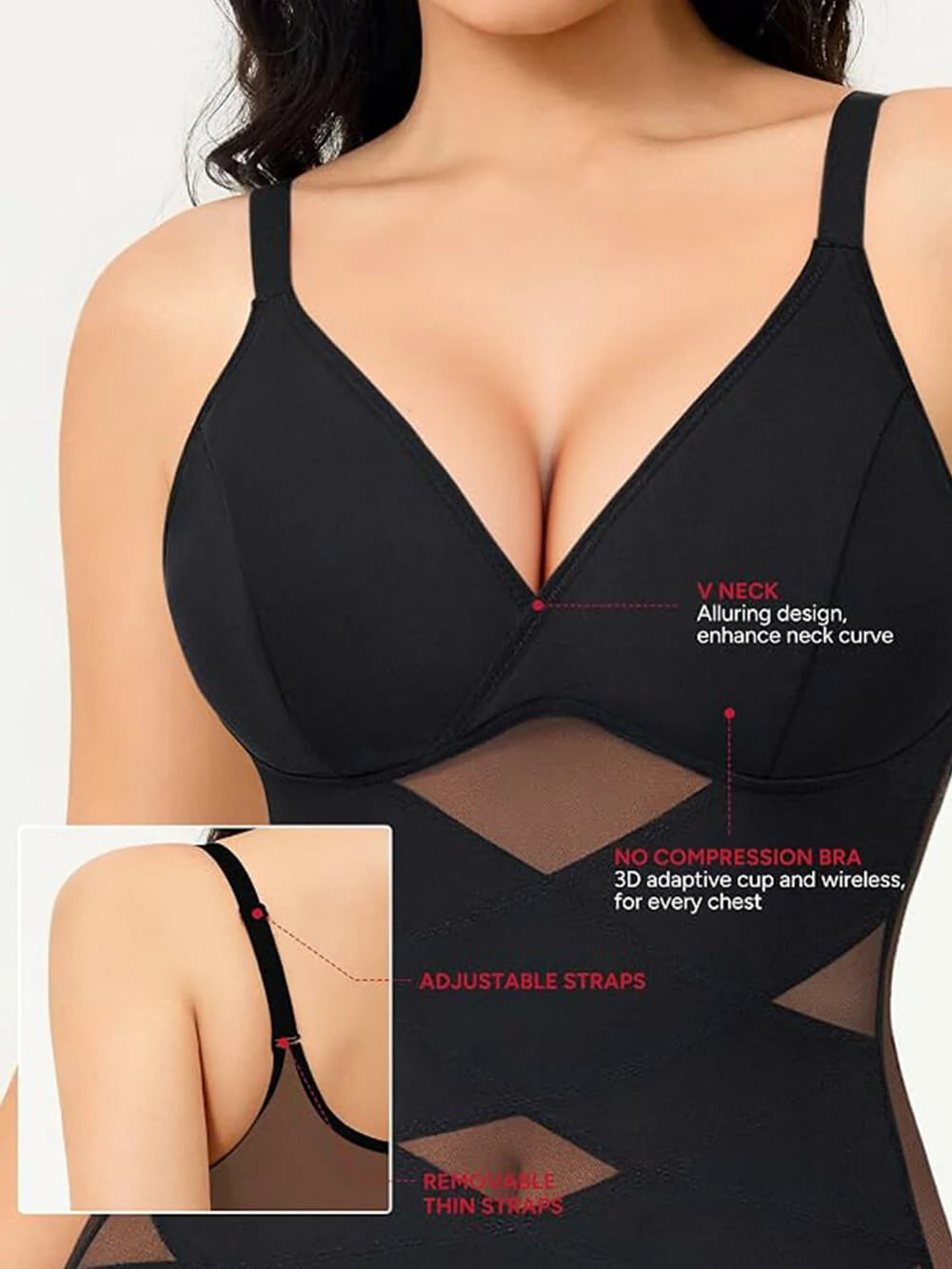 Women's V Neck Mesh Shapewear Tank Built-in Bra Tummy Control