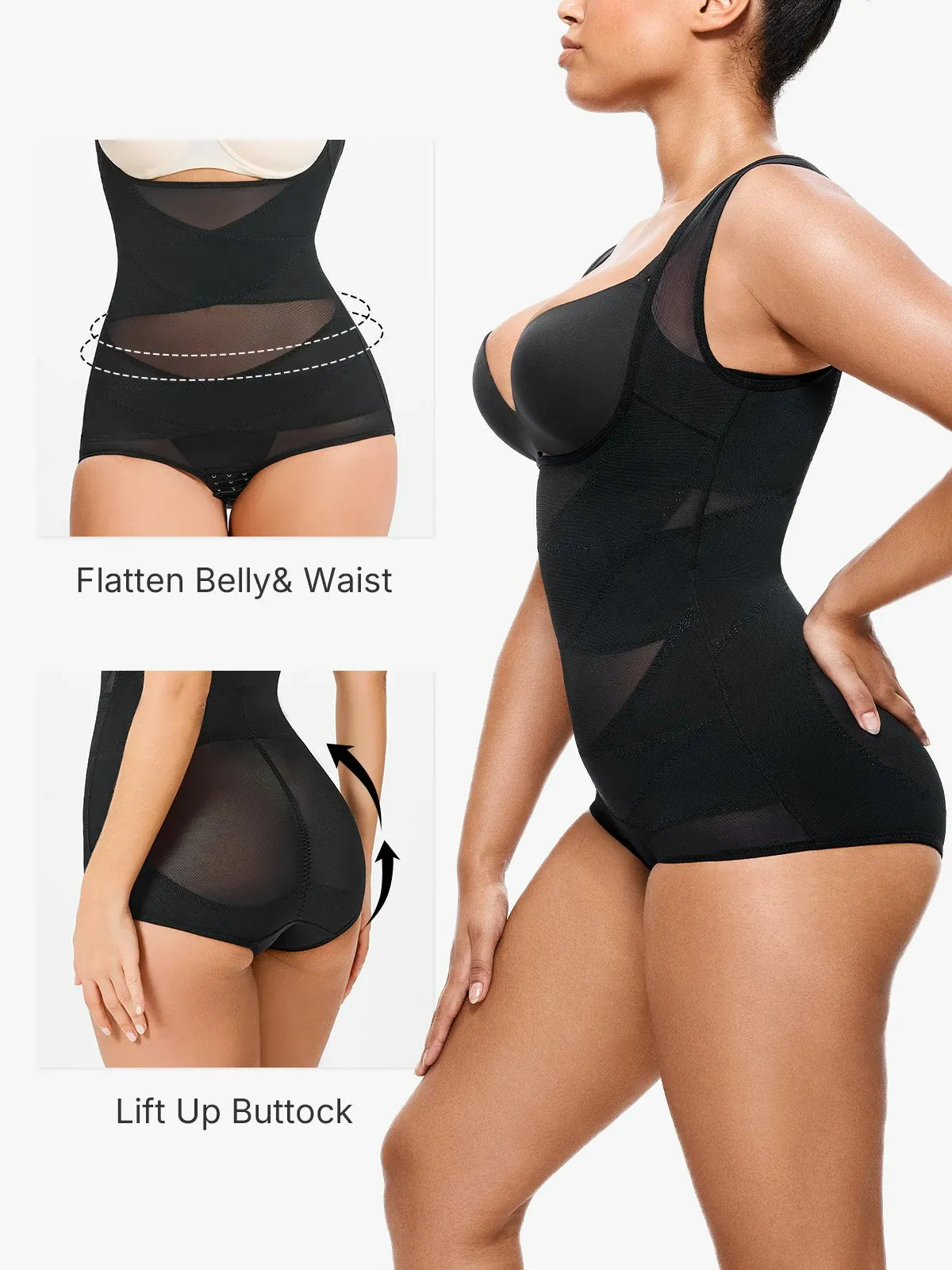 Women's Mesh U-Shape Open Bust Bodysuit Tummy Control