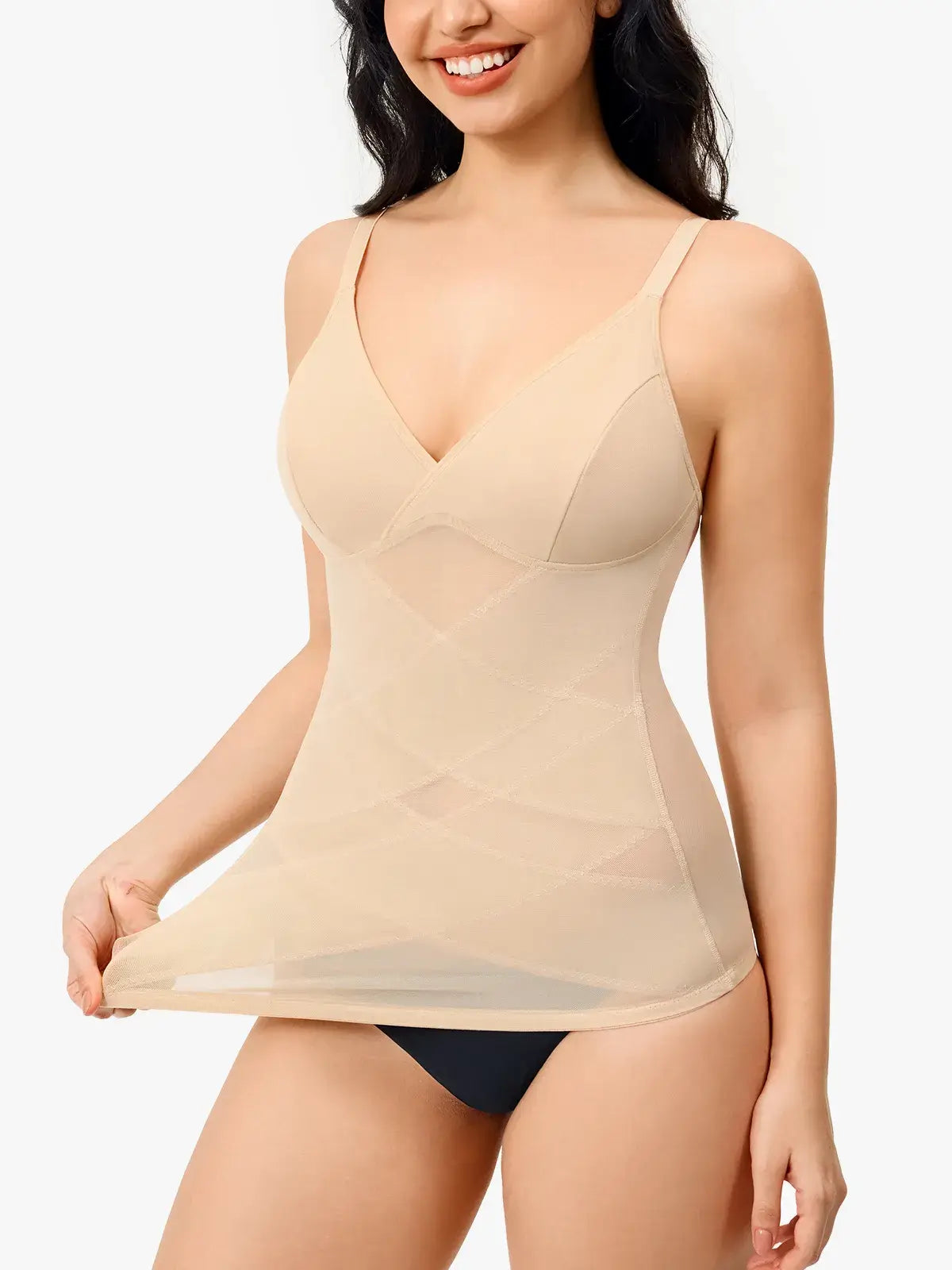 Women's V Neck Mesh Shapewear Tank Built-in Bra Tummy Control