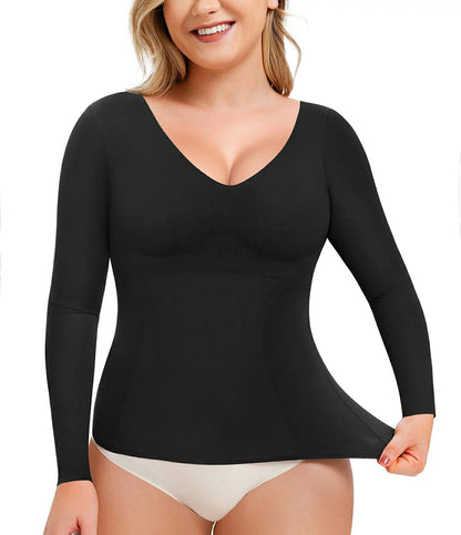 Women's Long Sleeve Shapewear Top V-Neck Tummy Control