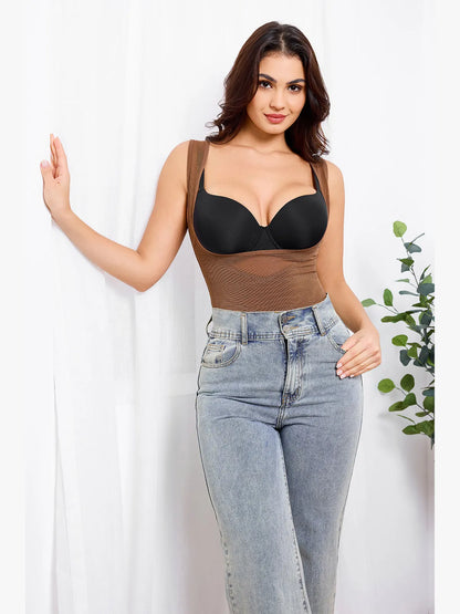 Women's Mesh U-Shape Open Bust Bodysuit Tummy Control