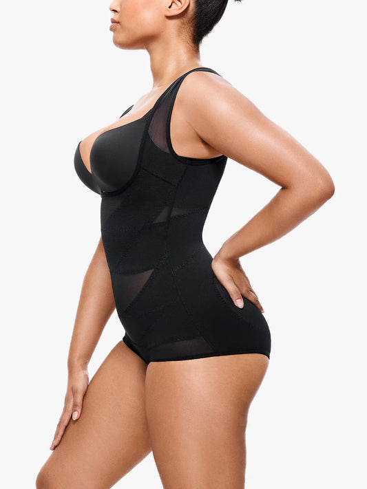 Women's Mesh U-Shape Open Bust Bodysuit Tummy Control