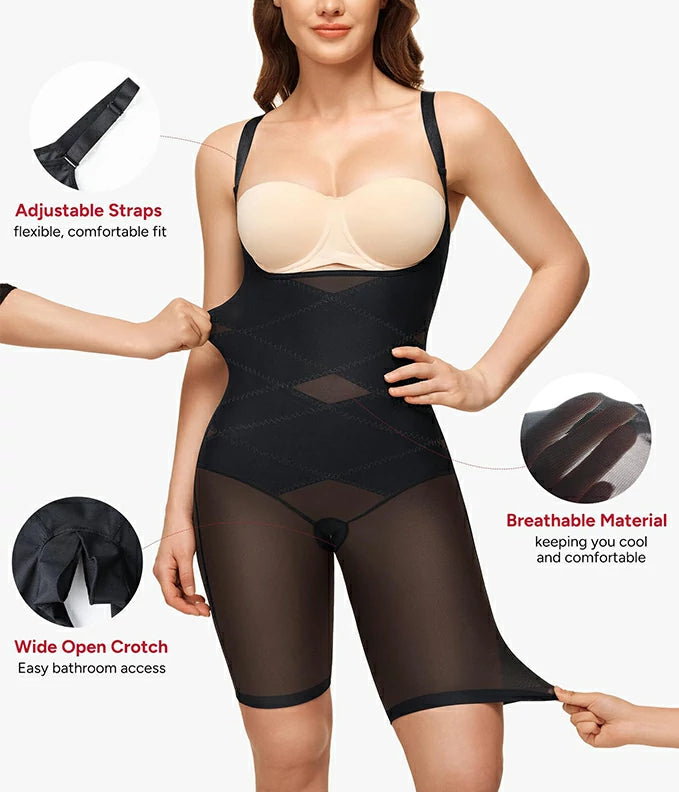 Women's Open Bust Double Compression Bodysuit Tummy Control