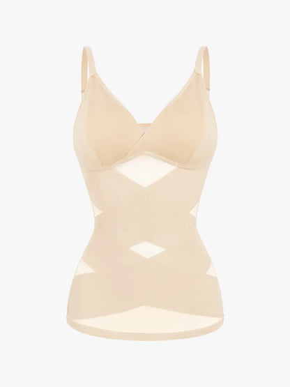 Women's V Neck Mesh Shapewear Tank Built-in Bra Tummy Control