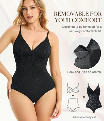 Women's Lace V-Neck Bodysuit Tummy Control Shapewear