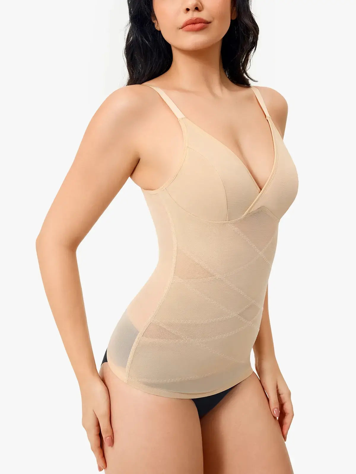 Women's V Neck Mesh Shapewear Tank Built-in Bra Tummy Control