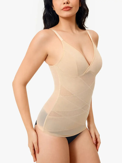 Women's V Neck Mesh Shapewear Tank Built-in Bra Tummy Control