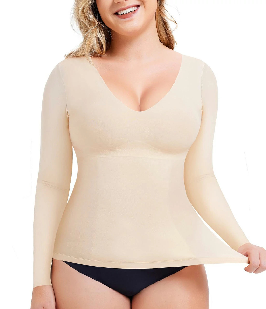 Women's Long Sleeve Shapewear Top V-Neck Tummy Control