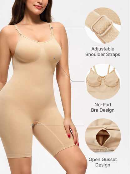 Women's Seamless V-Neck Mid-Thigh Bodysuit Tummy Control