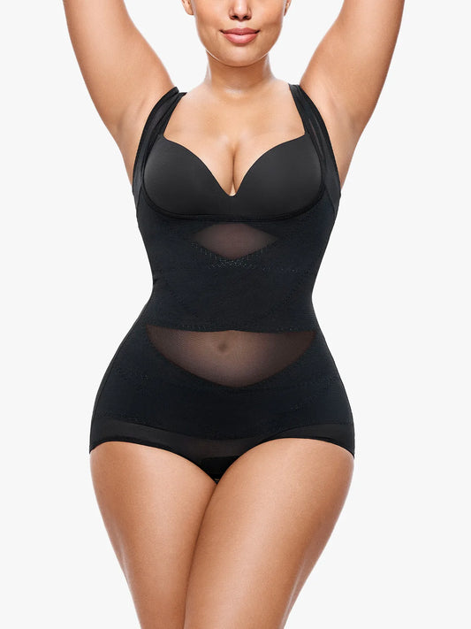 Women's Mesh U-Shape Open Bust Bodysuit Tummy Control