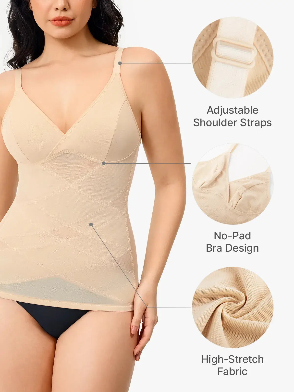 Women's V Neck Mesh Shapewear Tank Built-in Bra Tummy Control