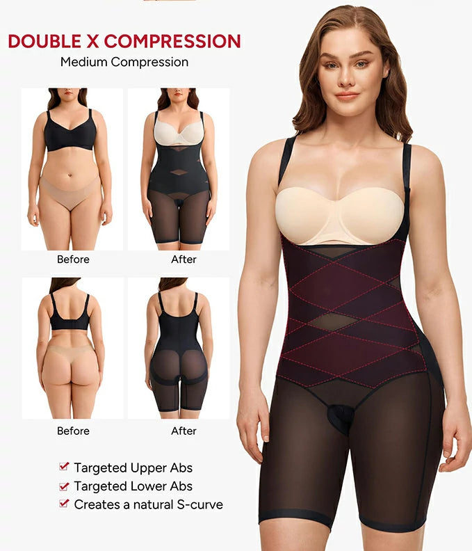 Women's Open Bust Double Compression Bodysuit Tummy Control