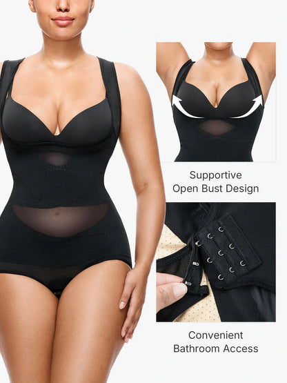 Women's Mesh U-Shape Open Bust Bodysuit Tummy Control