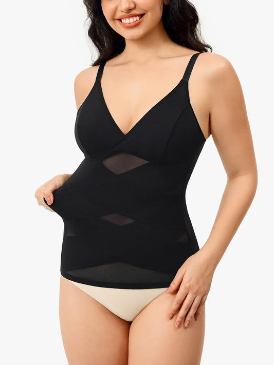 Women's V Neck Mesh Shapewear Tank Built-in Bra Tummy Control