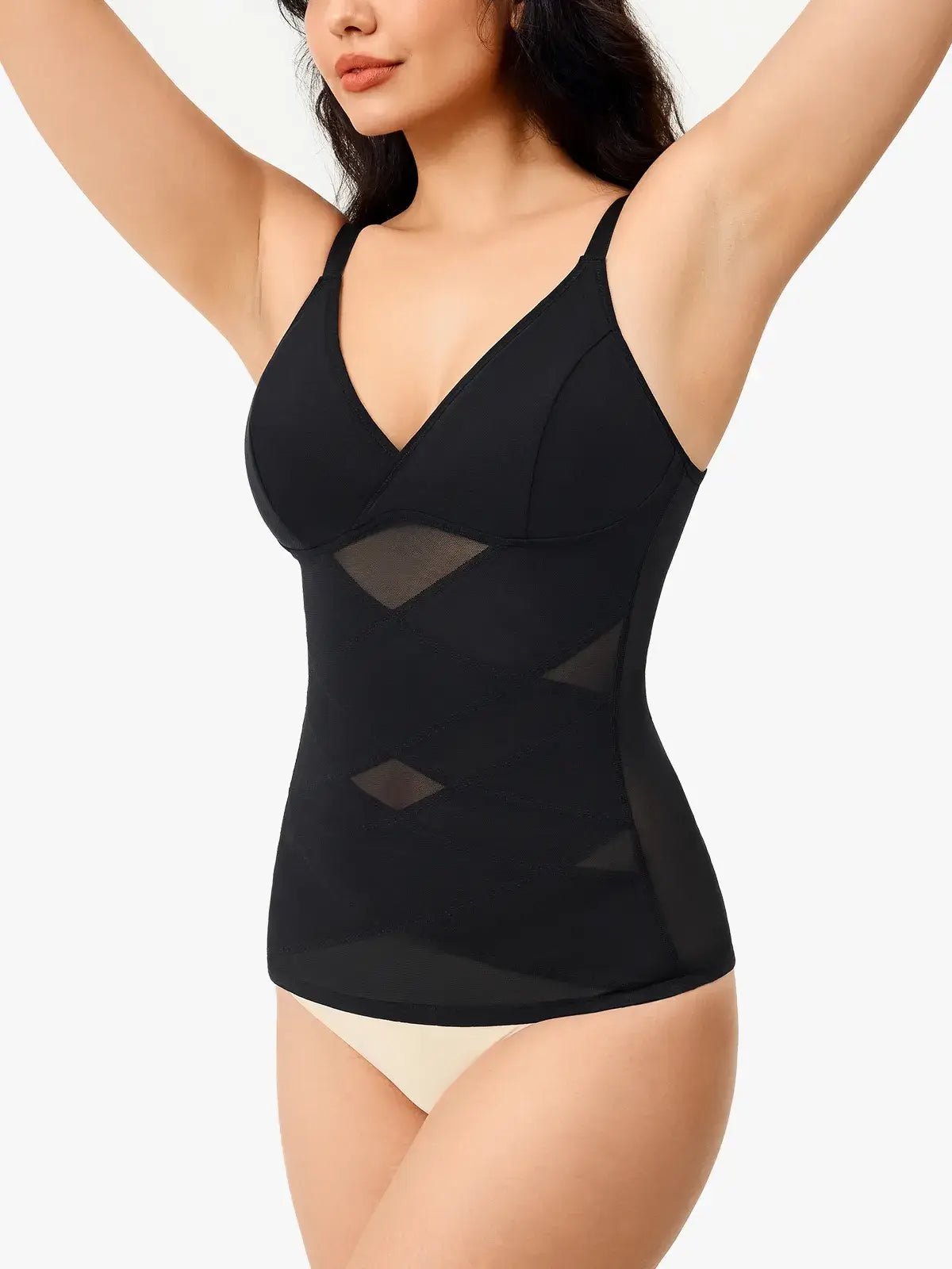 Women's V Neck Mesh Shapewear Tank Built-in Bra Tummy Control