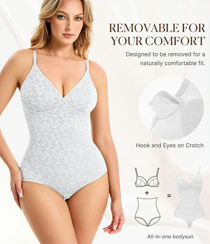 Women's Lace V-Neck Bodysuit Tummy Control Shapewear