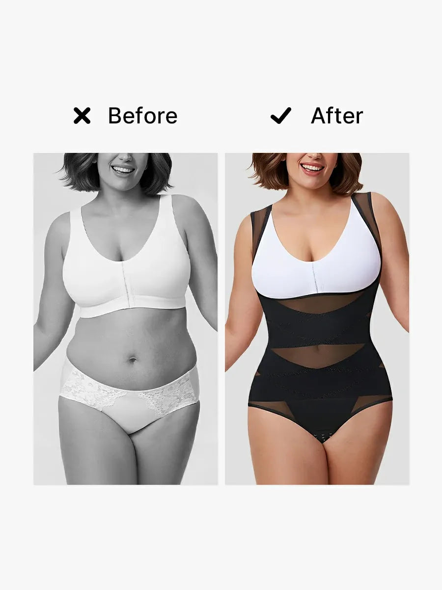 Women's Mesh U-Shape Open Bust Bodysuit Tummy Control