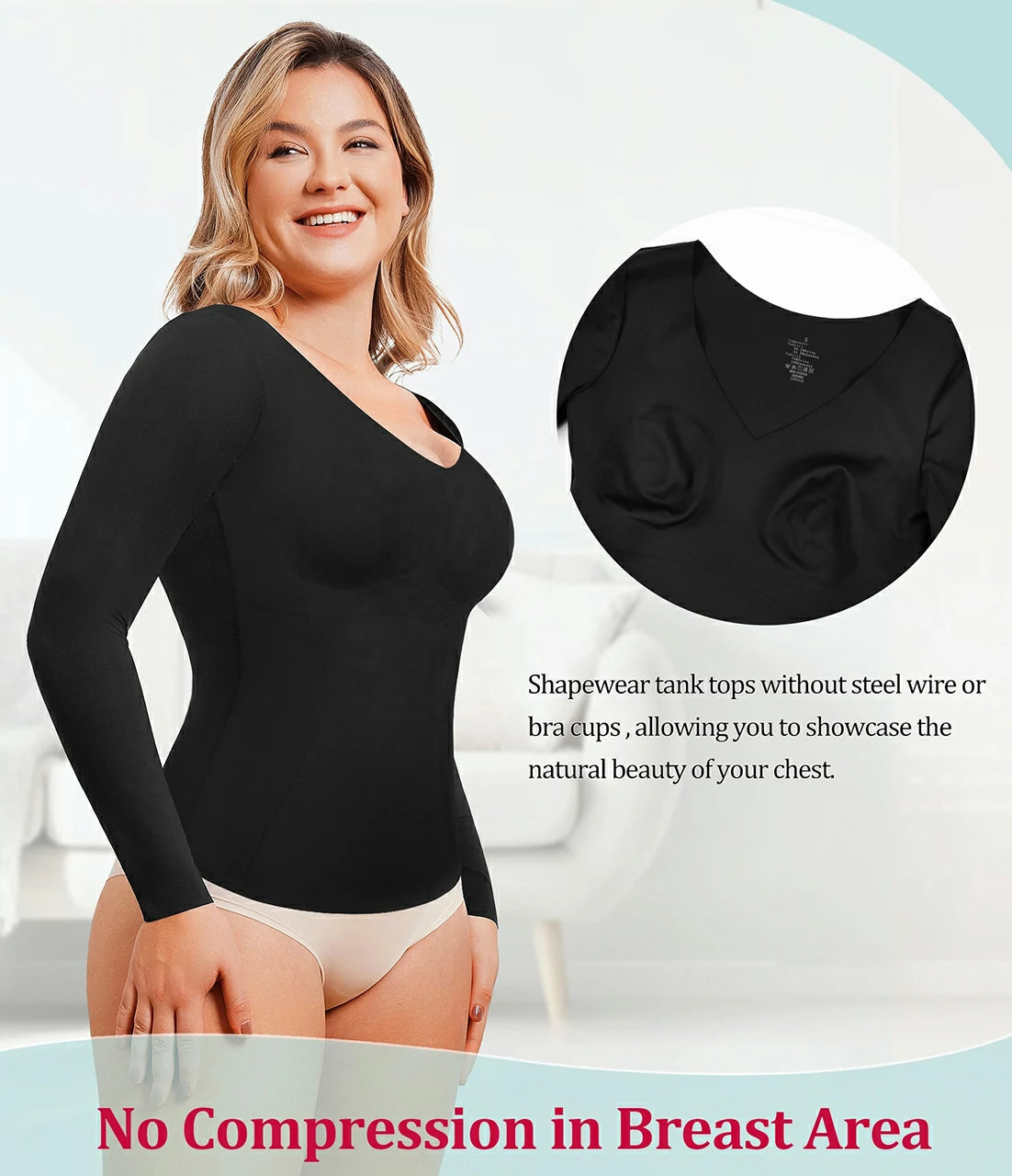 Women's Long Sleeve Shapewear Top V-Neck Tummy Control