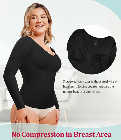 Women's Long Sleeve Shapewear Top V-Neck Tummy Control