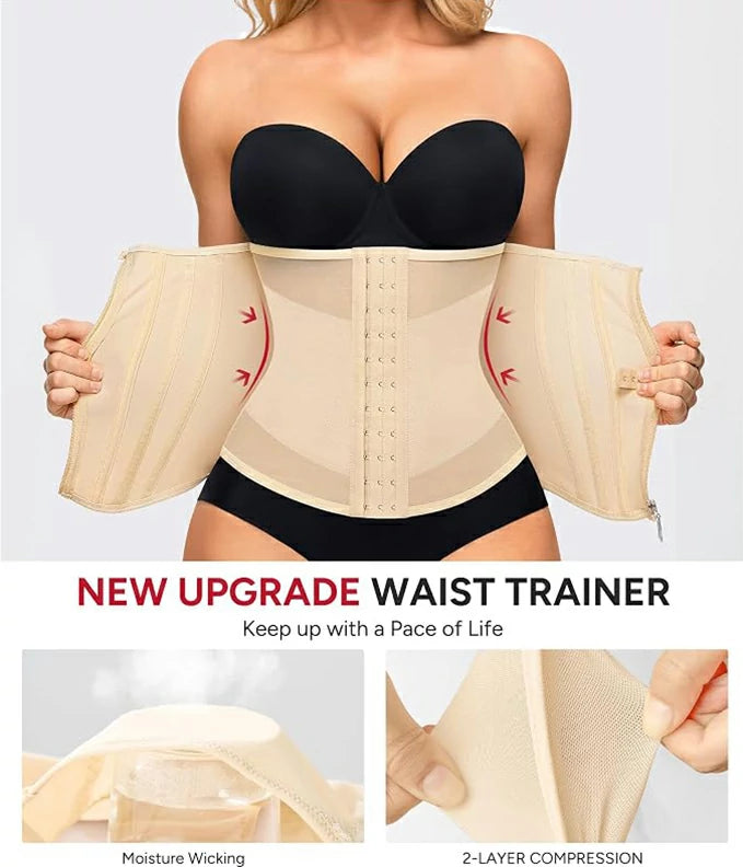 Women's Mesh Steel Boned Zipper Waist Trainer Tummy Control