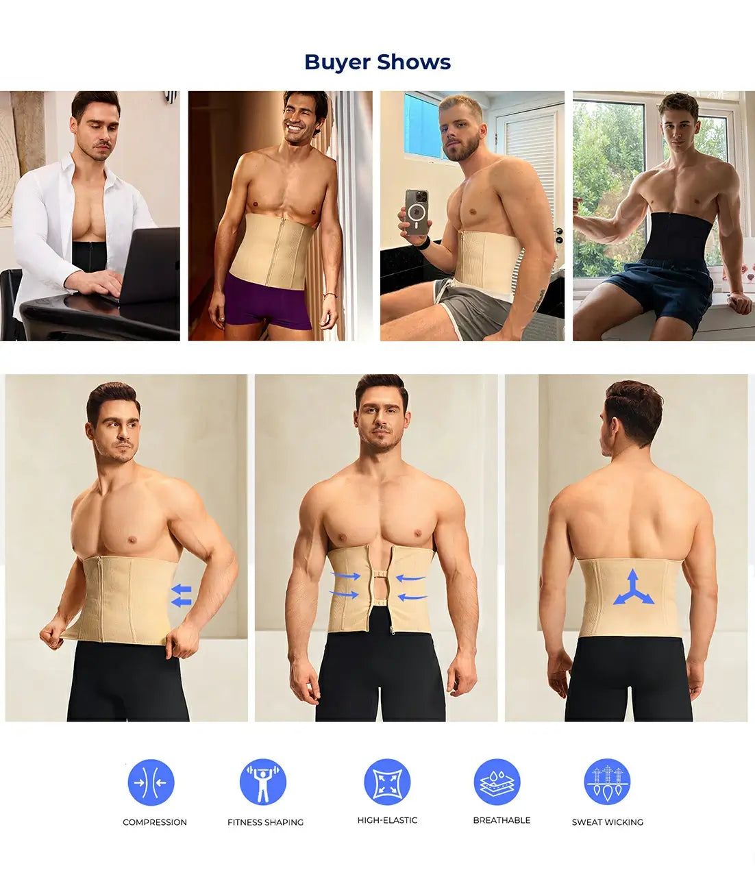 Men's Firm Compression Waist Trainer with Zipper and Steel Bones