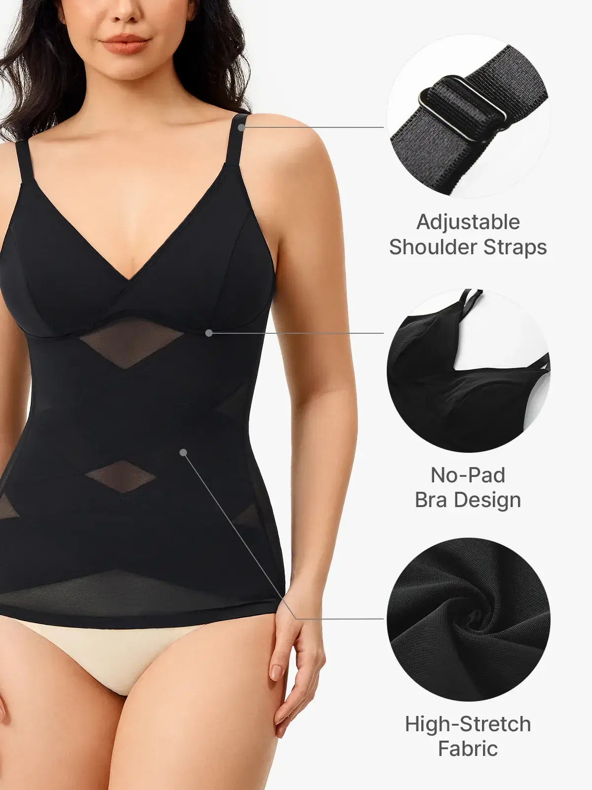 Women's V Neck Mesh Shapewear Tank Built-in Bra Tummy Control