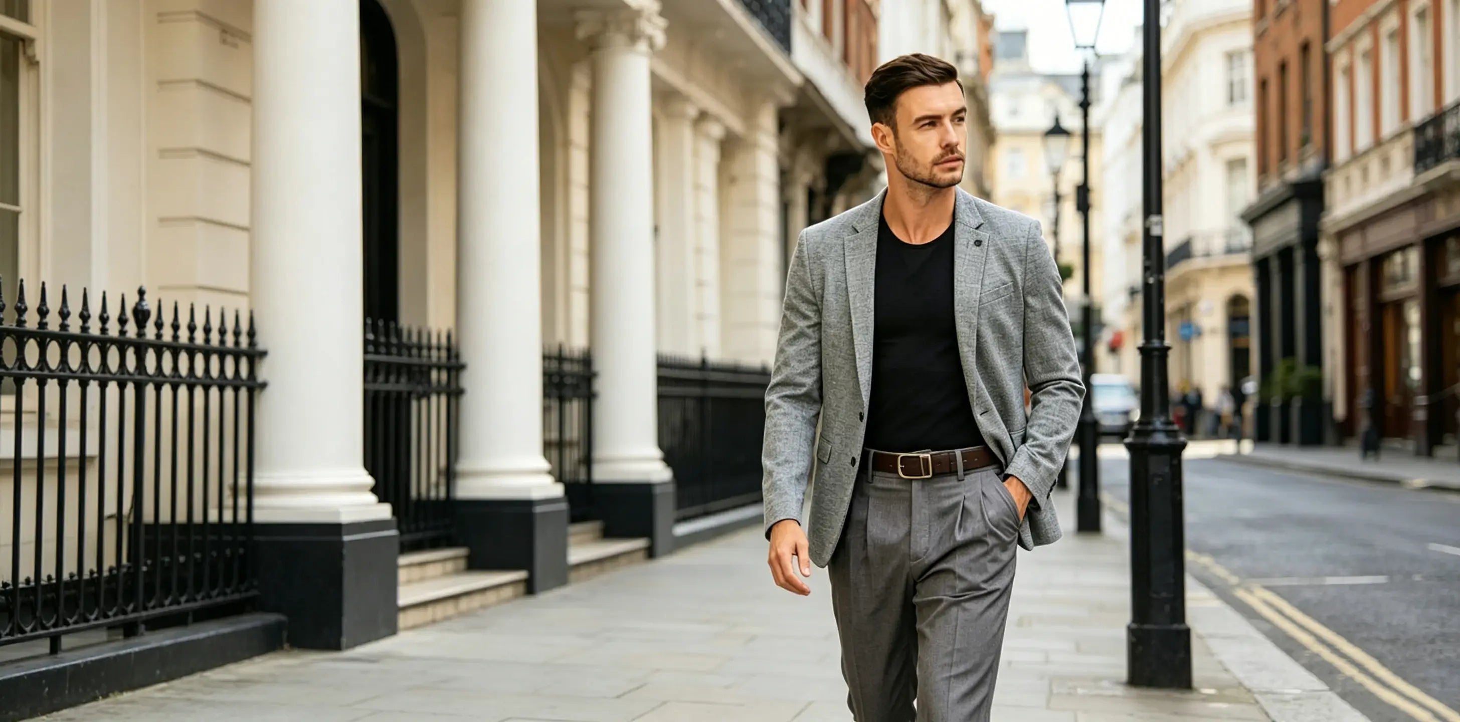 Confident mature man in light grey blazer with black compression tank top walking through city street, warm natural light, invisible support under formal wear for everyday confidence