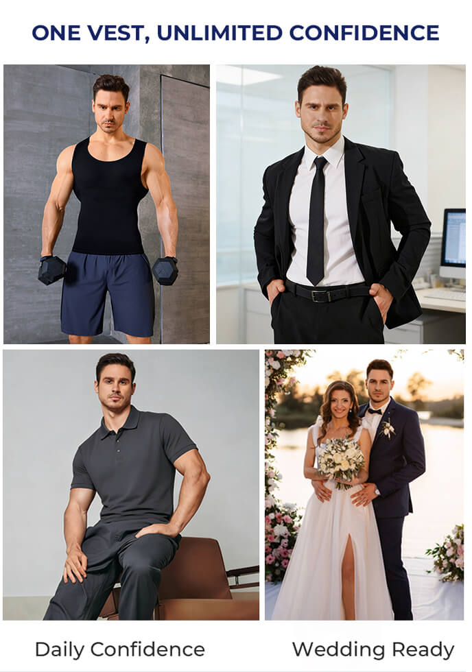 Man wearing black honeycomb compression vest under a dress shirt in a daily confidence setting, with wedding-ready styling shown in split view